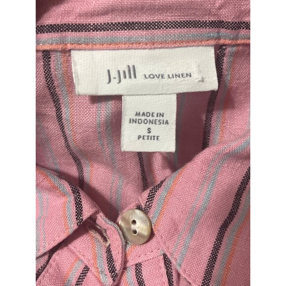 J JILL Linen Dress Tiered Striped Long Sleeves Button Down Lagenlook Pink Small - Picture 11 of 14